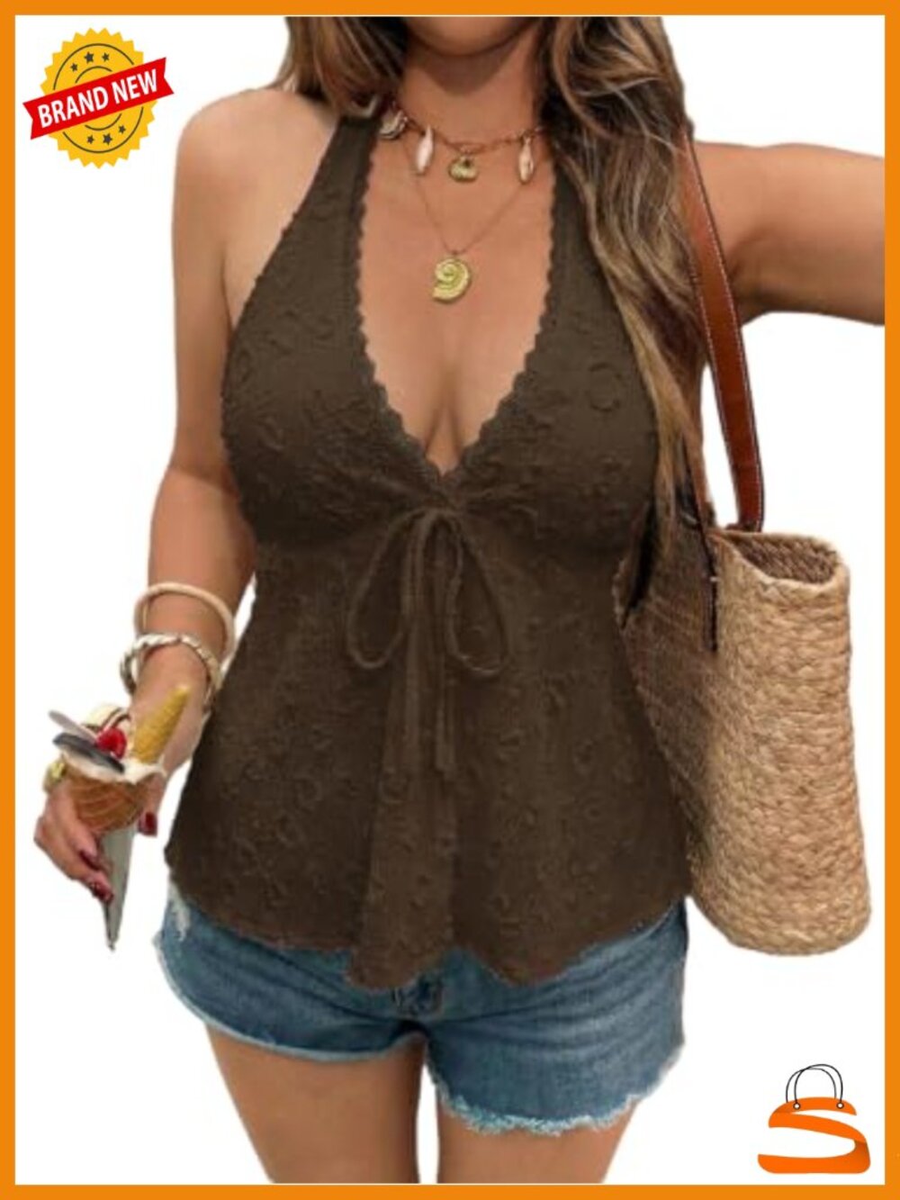Open Back Halter Crop Top Lace Trim Smocked Tie Front Summer